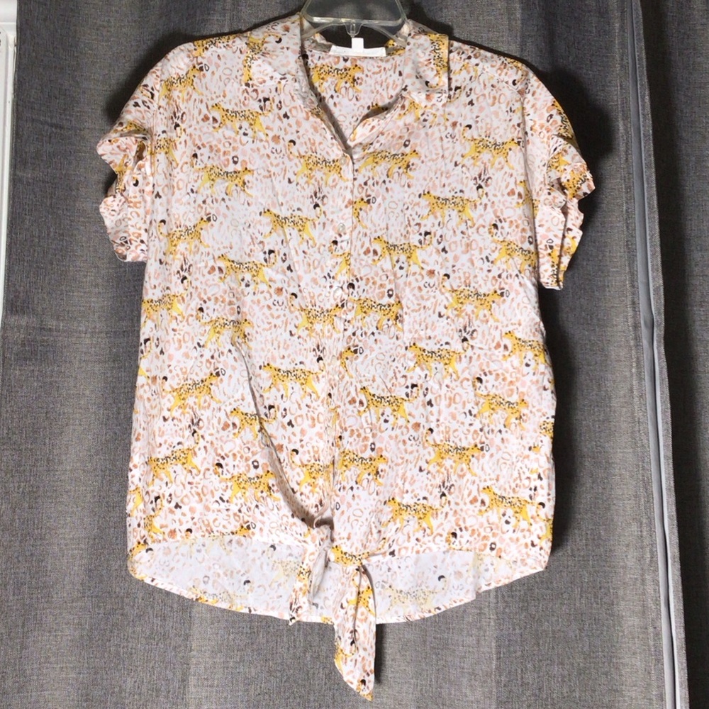 Jane and Delancey Pink and Yellow Leopard Tie-Front Blouse